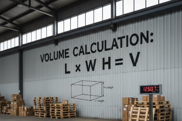 A digital scale and a volume calculation formula on a warehouse wall
